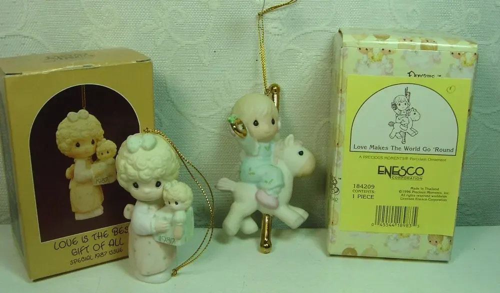 2 PRECIOUS MOMENTS ORNAMENTS-LOVE IS BEST GIFT OF ALL -LOVE MAKES WORLD GO ROUND
